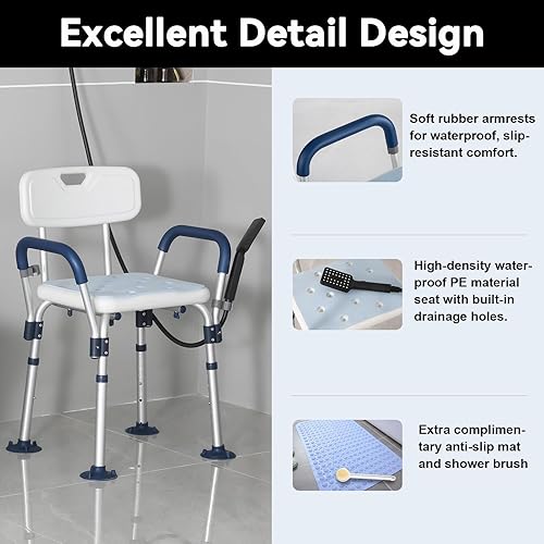 Miniatura 6 de Silla de ducha resistente para personas mayores, banco de ducha médico con asiento de 18 pulgadas de ancho, brazos, patas de silla resistentes y