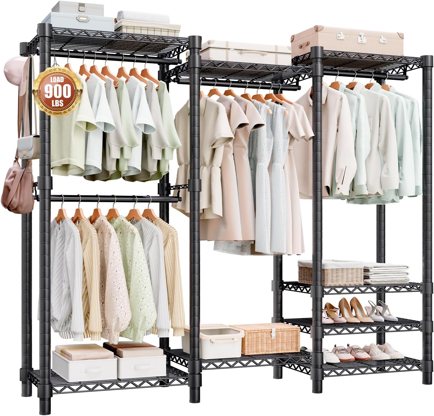 Heavy Duty Clothes Rack, Metal Garment Rack 59" W x 15.8" D x 76" H with Hooks, Freestanding Clothing Racks for Hanging Clothes, Portable Closet Organizer 900LBS Max Load, Easy Assembly-Black