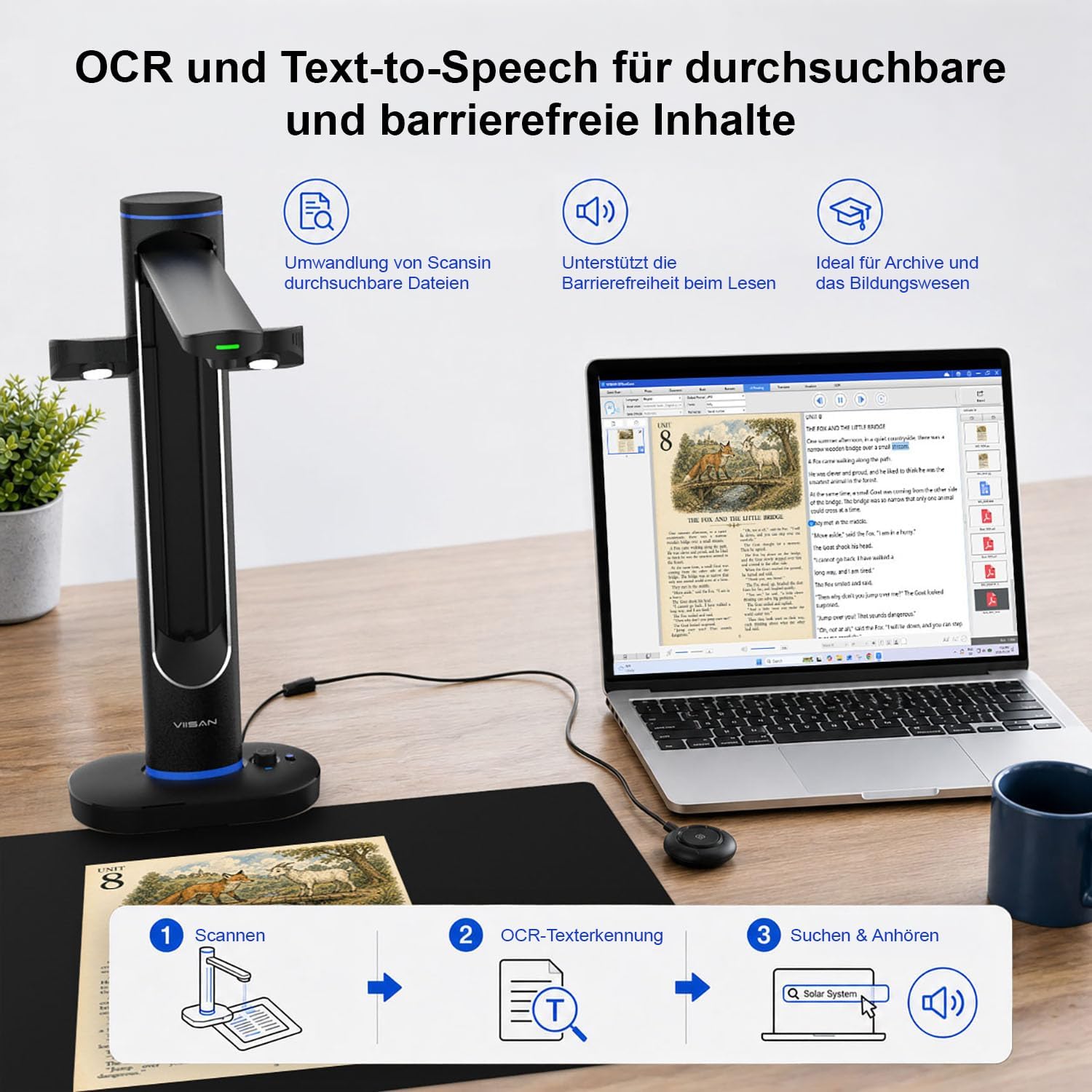 VIISAN S48 Duo Professioneller A2/A3 Buchscanner, Dual 48MP CMOS-Sensoren, 600 DPI, Automatisches Glätten der Buchfalz, OCR-Texterkennung, LED-Beleuchtung, Kompatibel mit Windows & macOS