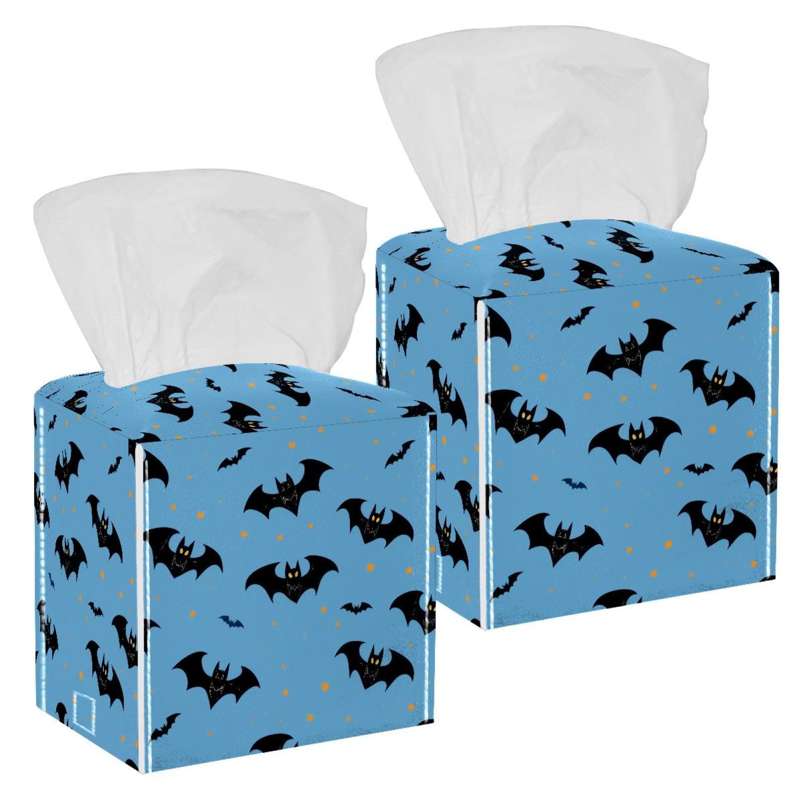 Halloween Bats Tissue Box Cover, 2 Pack PU Leather Square Facial Tissue Dispenser Box holder for Home Office Car