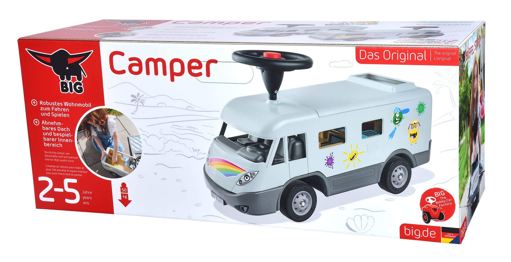 BIG - Correpasillos Camper con Volante, Neumáticos Silenciosos, 2-en-1, Techo Desmontable, Adecuado de 2 a 5 años