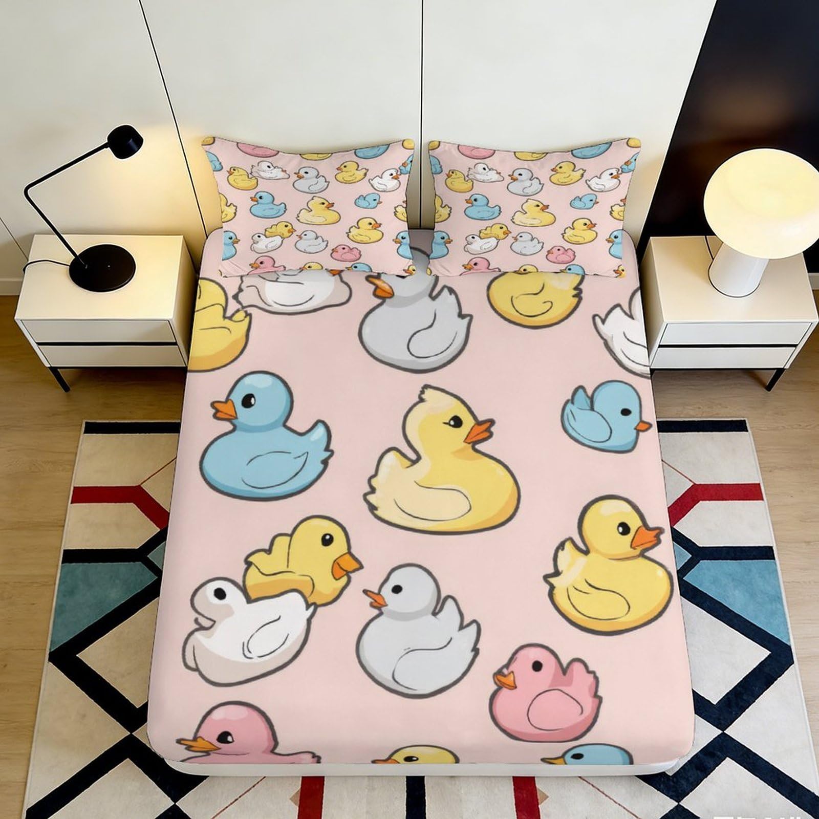 3D Printed Cartoon Duck Fitted Sheet Microfiber Anti-Slip Pastel Rubber Duck Mattress Cover for Bedroom Dorm Decor 140x200x25cm