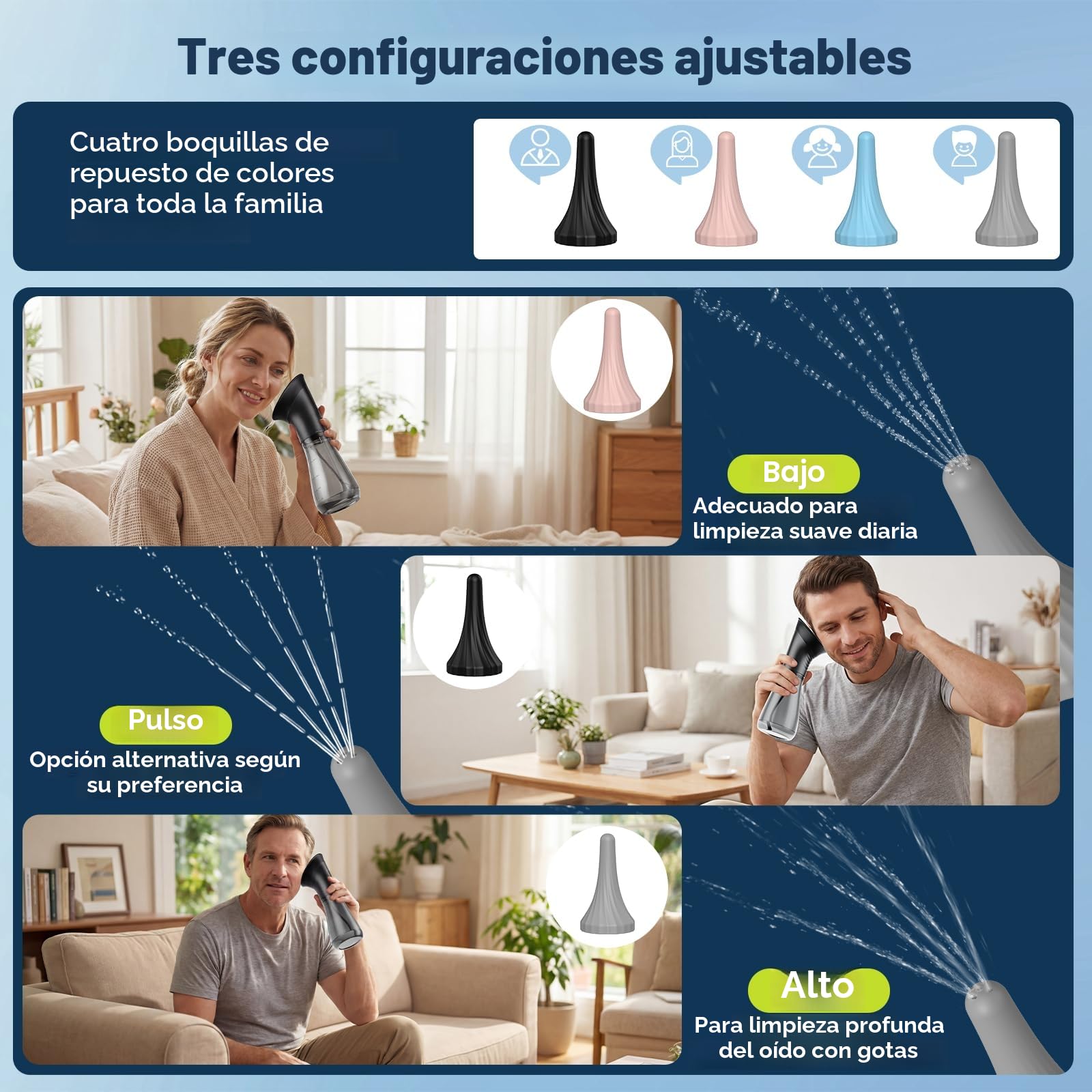 Limpiador de Oidos Cera, JDZ Limpia Oidos con Doble Depósito, IPX7 Impermeable Limpiador Oidos con 12 Boquillas y 3 Modos, Recargable Limpieza de Oídos, limpieza oidos Eficiente para Adultos