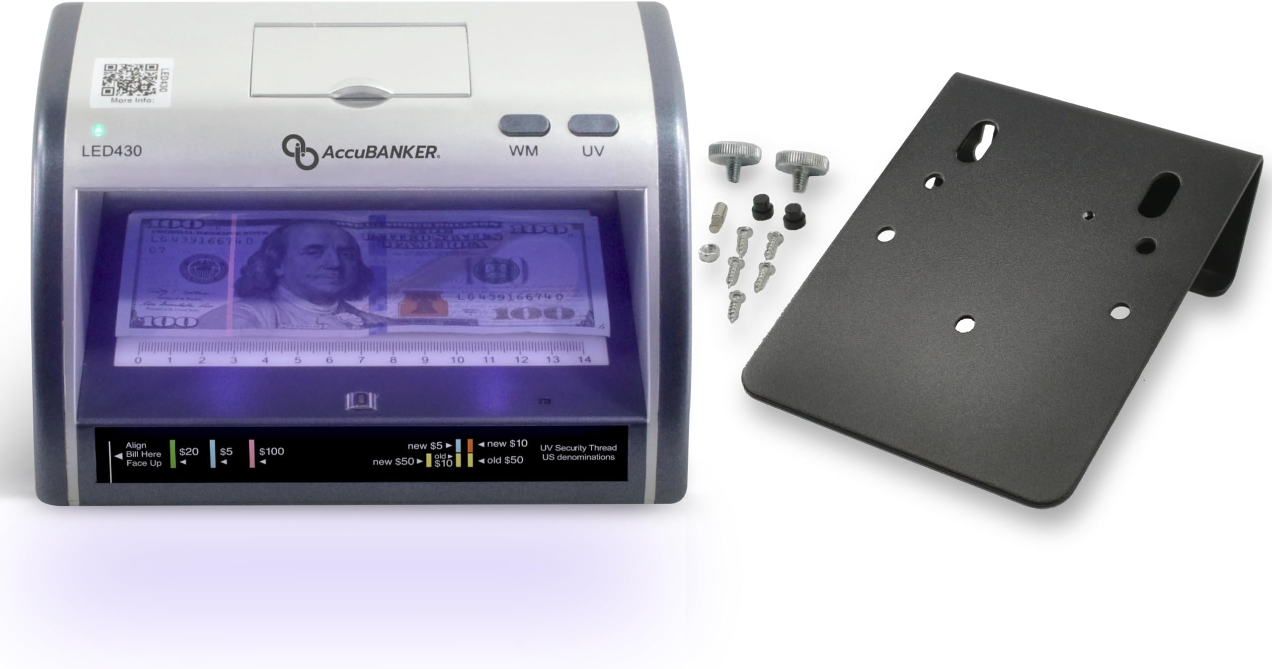 AccuBANKER LED430 6-Point Cash Multi-Currency + Card Counterfeit Detector Money Checker with Superbright LEDs Ultraviolet, Magnetic & Size Detection (with AccuSTAND) Commercial Grade, UL Listed