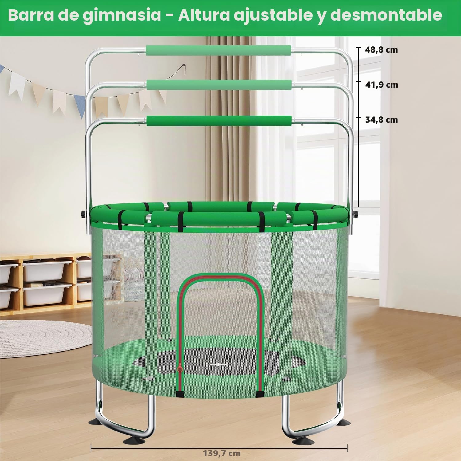 Cama elástica infantil de 140 cm con red, barra y canasta de baloncesto, para niños de 3 a 8 años