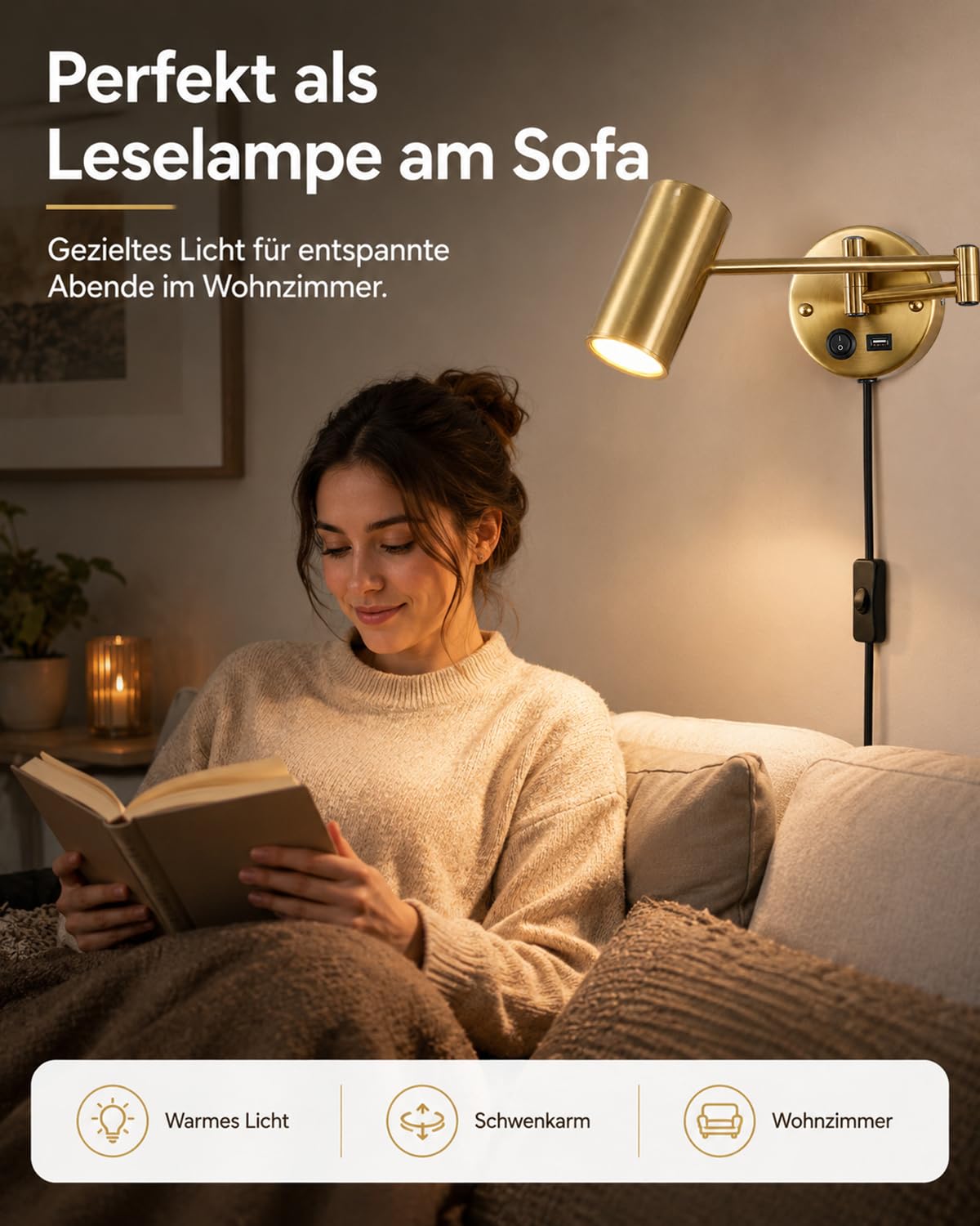 Wandleuchte mit Stecker und Schalter, Leselampe Wand Gold mit USB Ladeport, Schwenkarm Wandlampe E27 mit 150cm Kabel, 3000K Warmweiß Nachttischlampe für Schlafzimmer Wohnzimmer