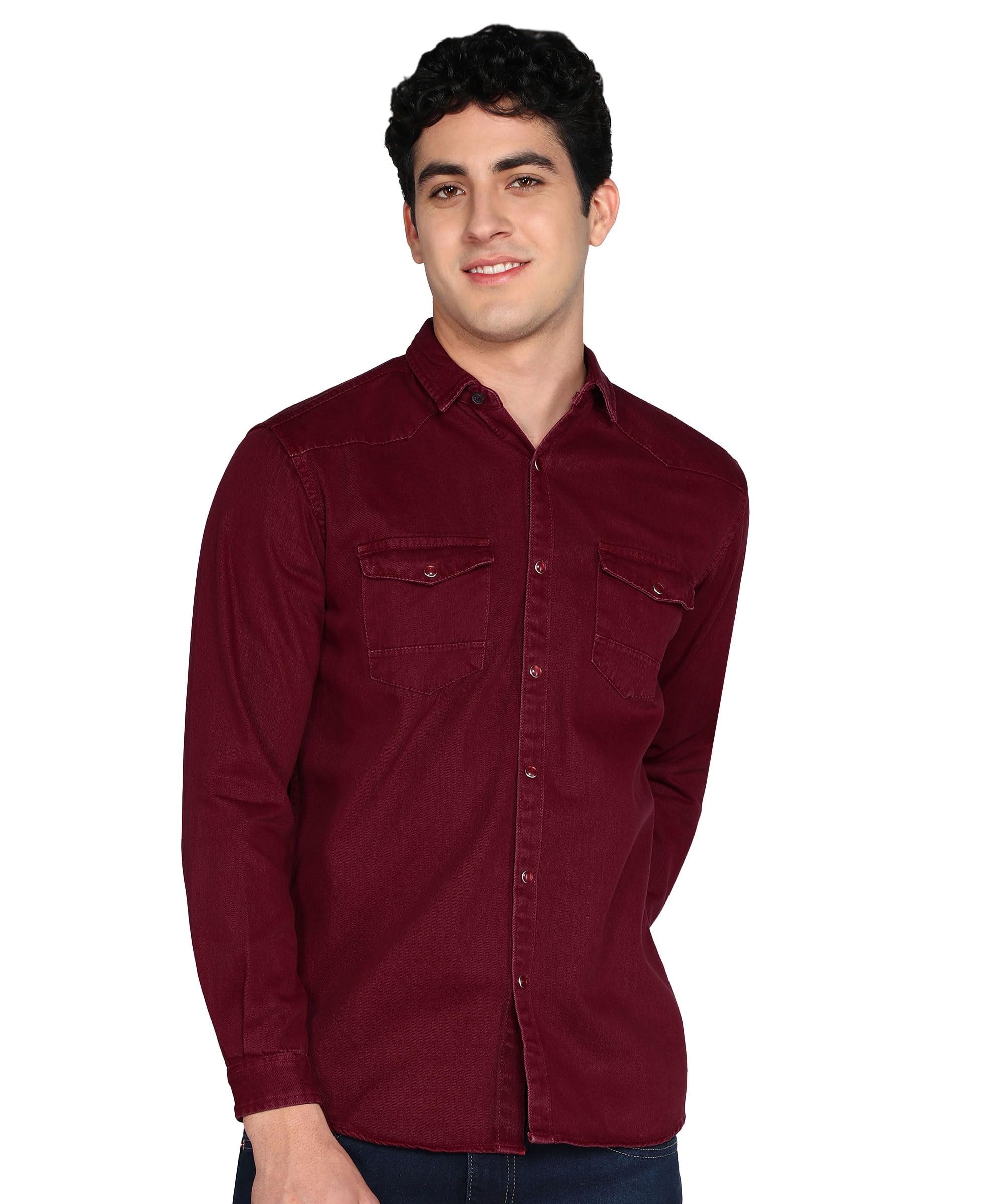 Kuons Avenue Men's Wine Red Double Pocket Denim Shirt | Cargo Shirt | Western Denim Shirt