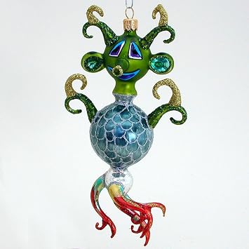 Coppenrath Green Headed Alien with Blue Scaled Body- Polish Blown Glass Christmas Ornament