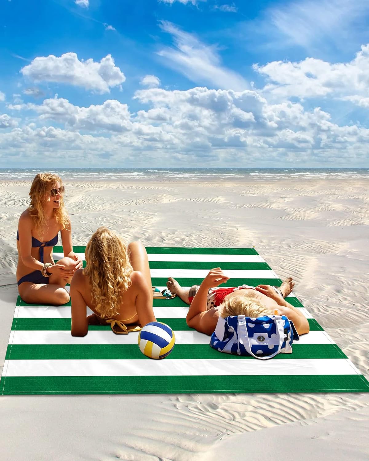 Christmas Stripes Beach Blanket Waterproof Sandproof Outdoor Picnic Mat 95"x80" Green and White Lightweight Large Beaach Blankets with 4 Stake & 4 Corner Pockets