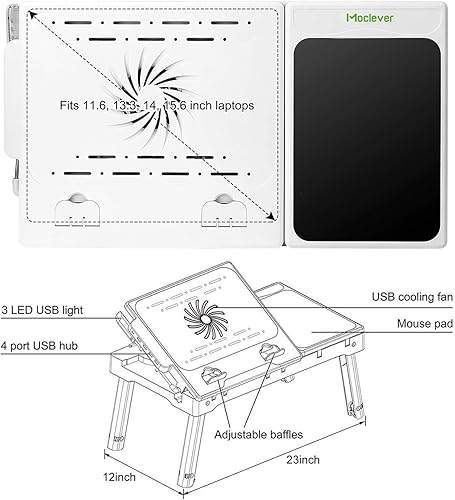 Miniatura 9 de TeqHome Mesa para computadora portátil para cama, escritorio ajustable para laptop con ventilador, 4 puertos USB, escritorio portátil con patas