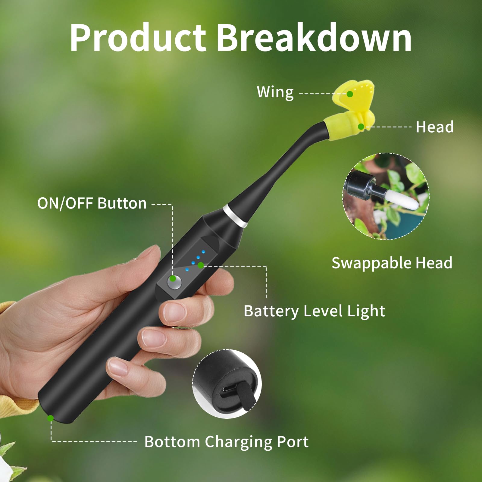 Herramienta de polinización de plantas, polinizador vibratorio recargable por USB para cultivos de invernadero como tomates y fresas