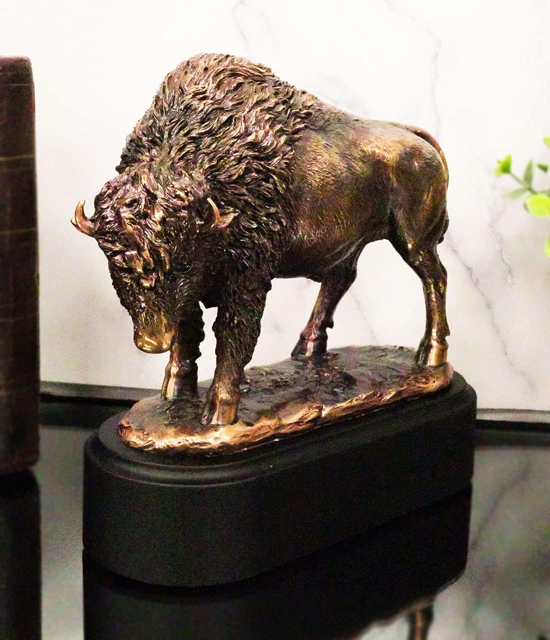Ebros Gift 7" H Southwestern Grazing American Bison Figurine in Electroplated Bronze Resin Finish with Black Trophy Base Sacred Native Buffalo Bull Western Desktop Shelf Decorative Statue