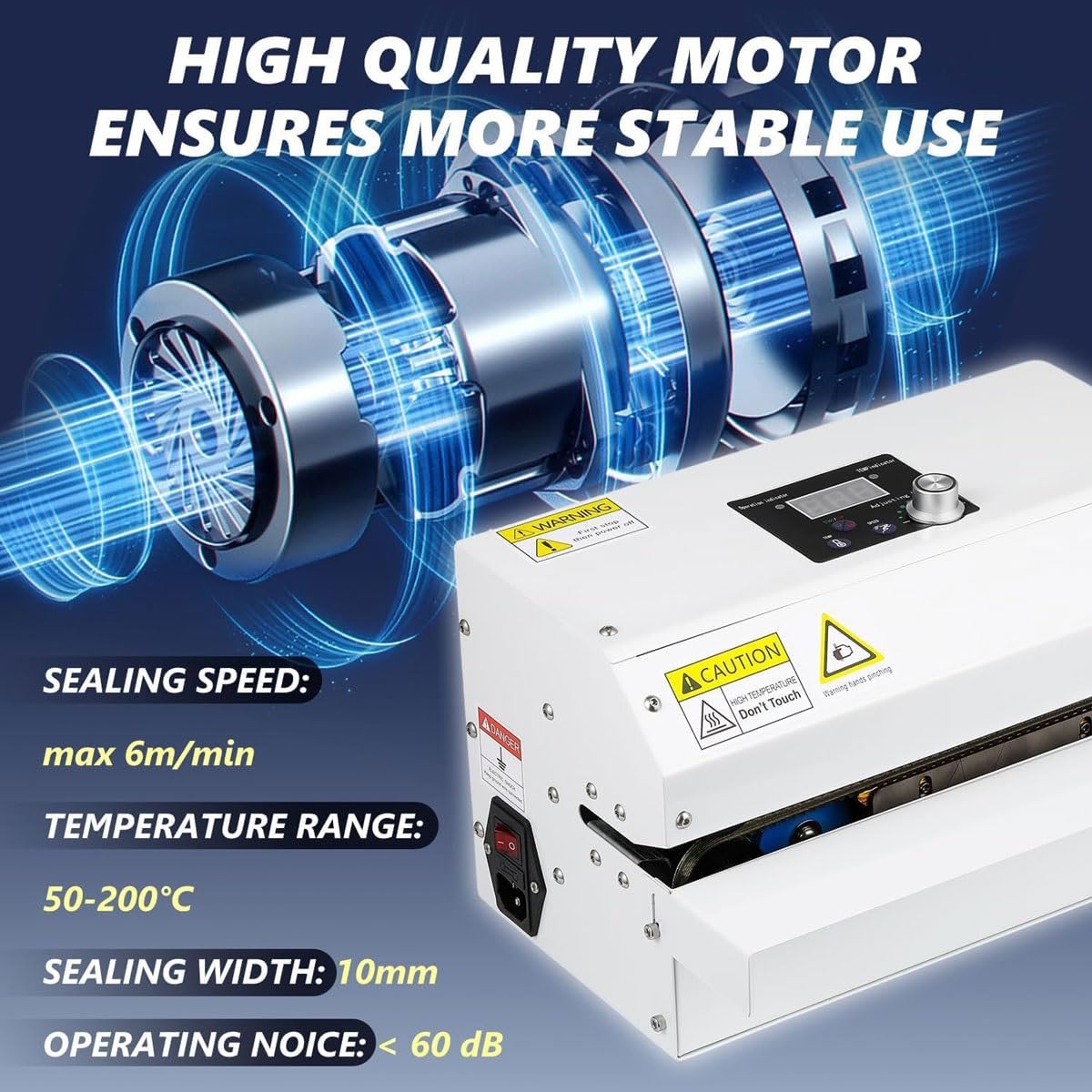 Máquina selladora Continua automática,Sellador térmico de plástico con Ajuste de Temperatura y Velocidad,Máquina envasadora de Alimentos de 6m/min,Temperatura de Sellado térmico de 50-200℃