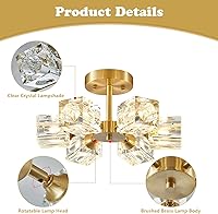 Vista 3 de BOKT Lámpara Sputnik moderna de latón antiguo de montaje empotrado de oro cepillado de mediados de siglo, lámpara de techo semiempotrada de 6 luces