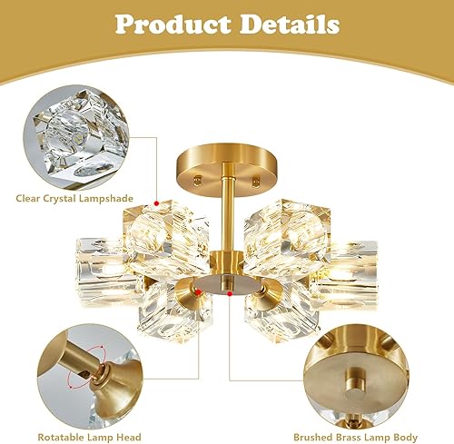 Miniatura 3 de BOKT Lámpara Sputnik moderna de latón antiguo de montaje empotrado de oro cepillado de mediados de siglo, lámpara de techo semiempotrada de 6 luces