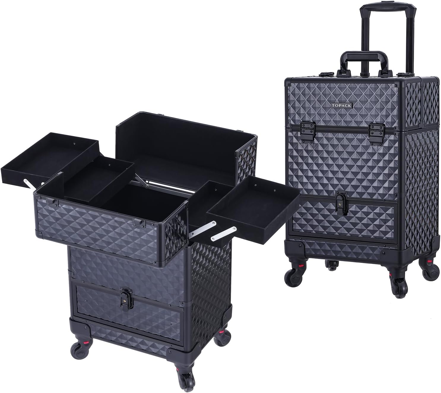 TOPACK Rolling Makeup Train Case,360°Rotaing Wheel Aluminum Cosmetic Case with Trolley 4-Tray for Tattoo/Barber/Nail Tech Travel Cart Organizer 13.1 * 9.8 * 18.3in BLACK (BLACK)
