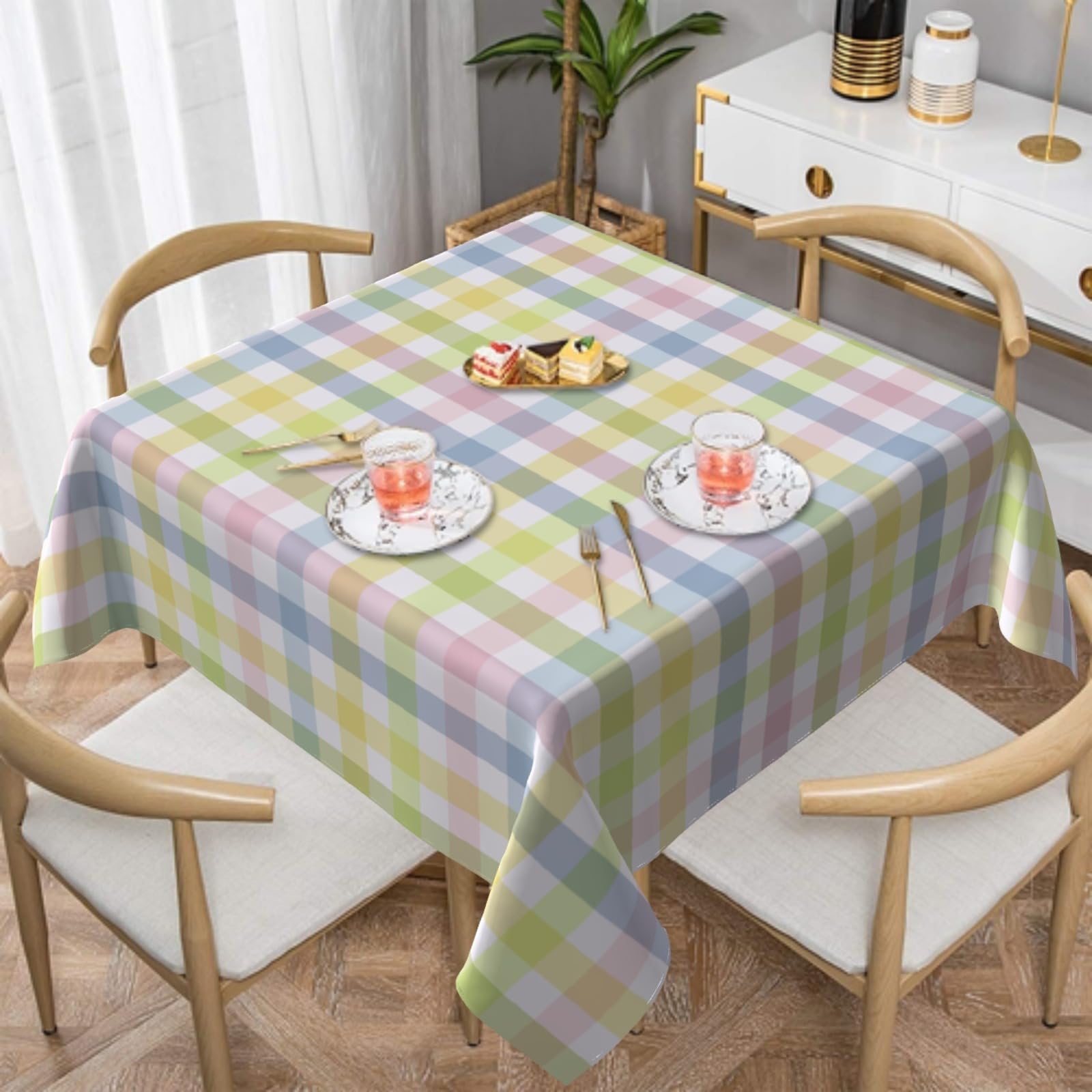 FJQWKLF Easter Tablecloth 54×54 Inch Square Colorful Plaid Table Cloth Water-Resistant Spill-Proof Washable Fabric Tablecover for Kitchen Dining Party Picnic Indoor Outdoor