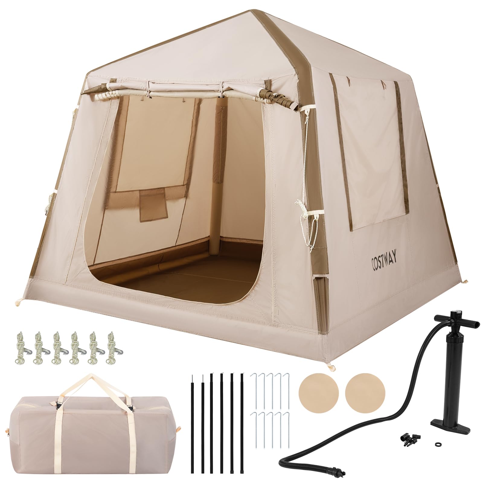 COSTWAY Tienda de Campaña Inflable para 2-4 Personas, Tienda de Campaña con Ventanas de Malla y Puerta, Bolsa de Transporte, 210 x 210 x 180 cm, Oxford Impermeable, Montaje Fácil con Bomba