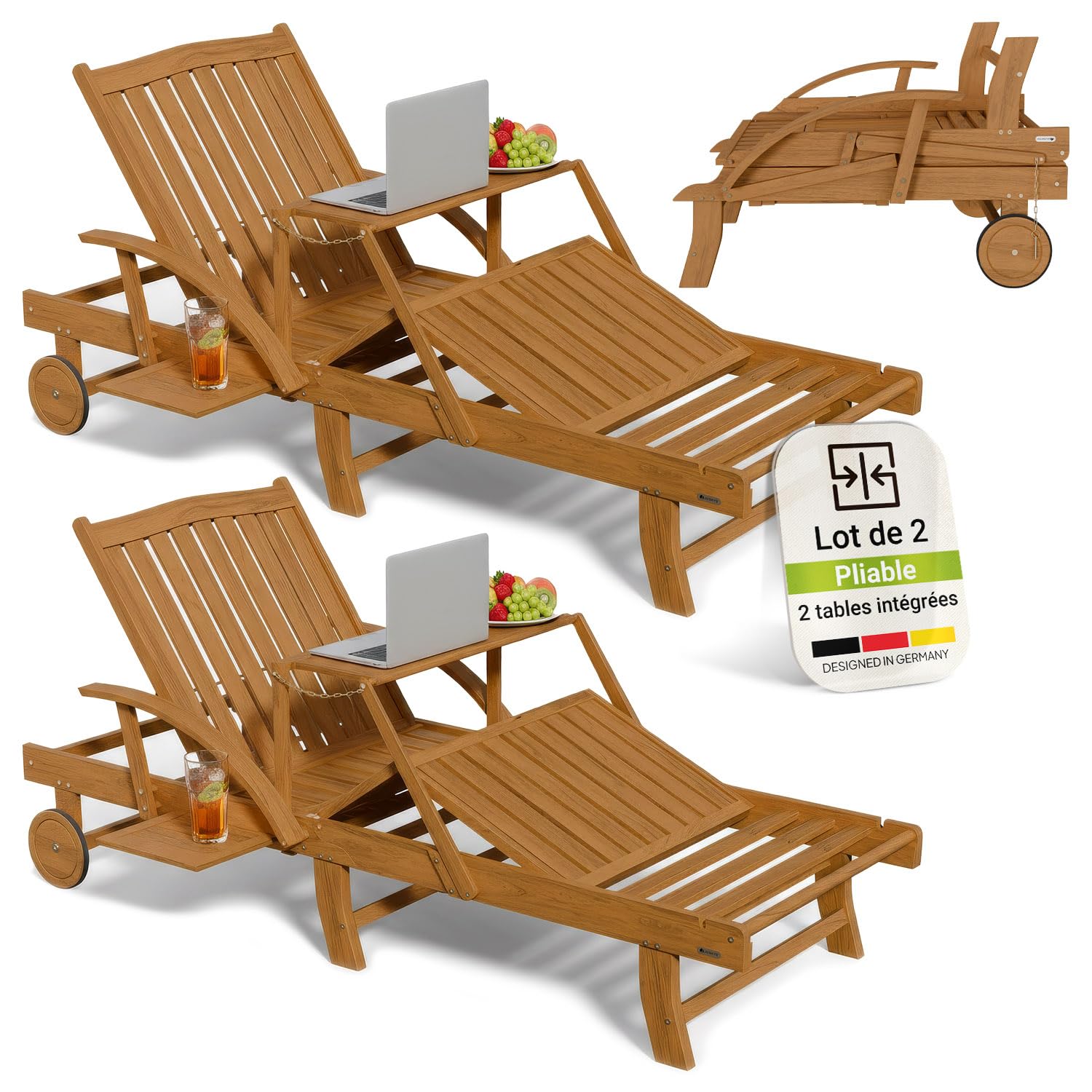 Juskys Lot de 2 Bains de Soleil SunScape en Bois d’Acacia Naturel avec Table réglable Repose-Jambes Dossier Ajustable Pliable roulettes 196 x 72,5 x 30 cm