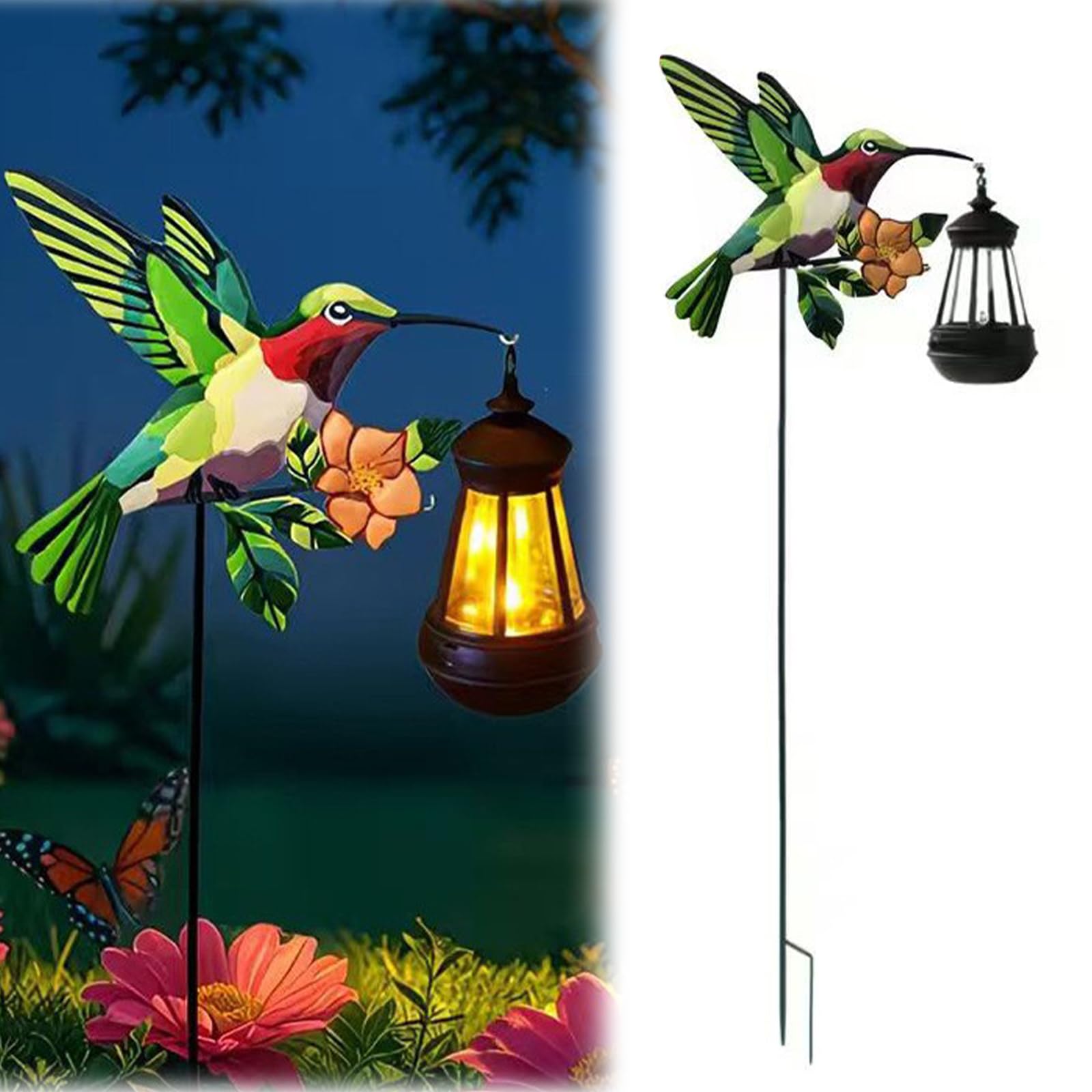 Solar Hummingbird Lights Outdoor Waterproof, Metal Garden Stake with Solar Lantern, Hummingbird Solar Light for Yard Patio Lawn Decor