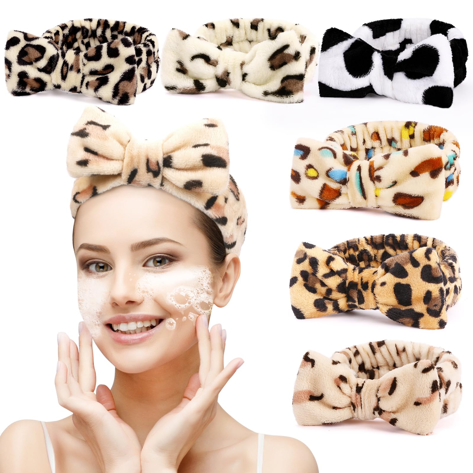 6 Pack Spa Headband for Women Skincare Makeup Headband Soft Coral Fleece Bow Hairband Party Favors Goody Bag Stuffers Christmas Stocking Stuffers for