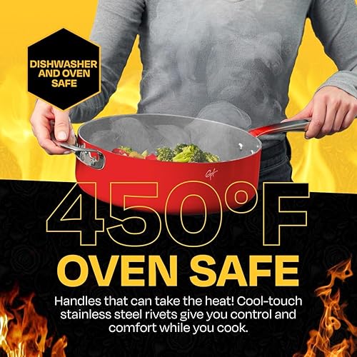 Miniatura 8 de Guy Fieri's Flavortown Juego de utensilios de cocina de cerámica de 11 piezas, ollas y sartenes antiadherentes para cocinar, fabricado sin PFAS PTFE