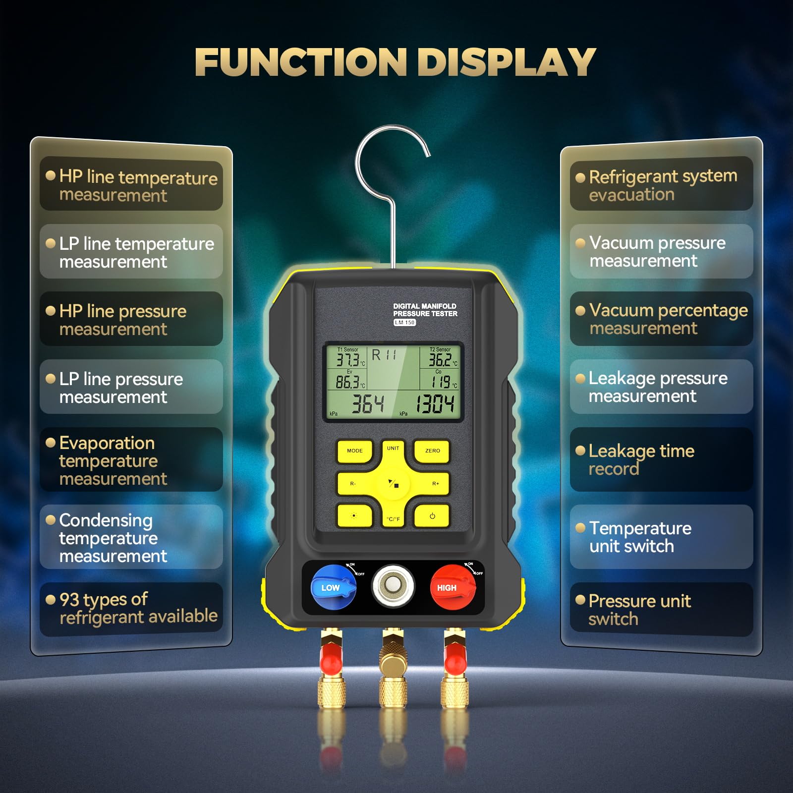 LM150 Digitales Manometer-Set für 93 Kältemittel in HLK-Anlagen | Nachfüllset für Kältemittel R134A, R410A, R404A und R22 mit Schläuchen und Thermometerklemmen