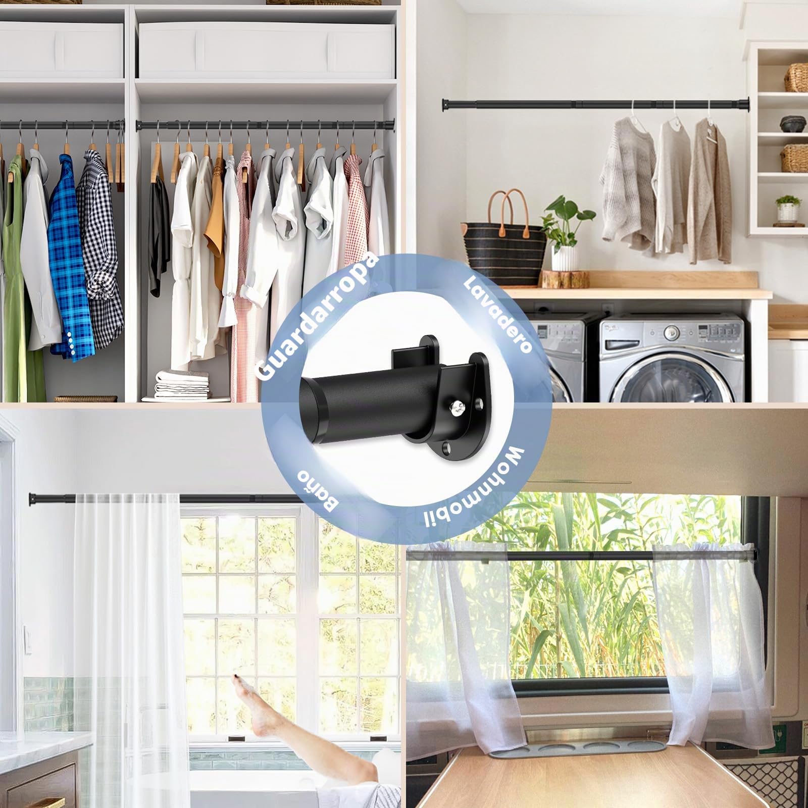 Barra de armario extensible negra, 74-130 cm, colgador resistente con extremos, diámetro 33 mm, adecuada para armarios, balcones, baños.