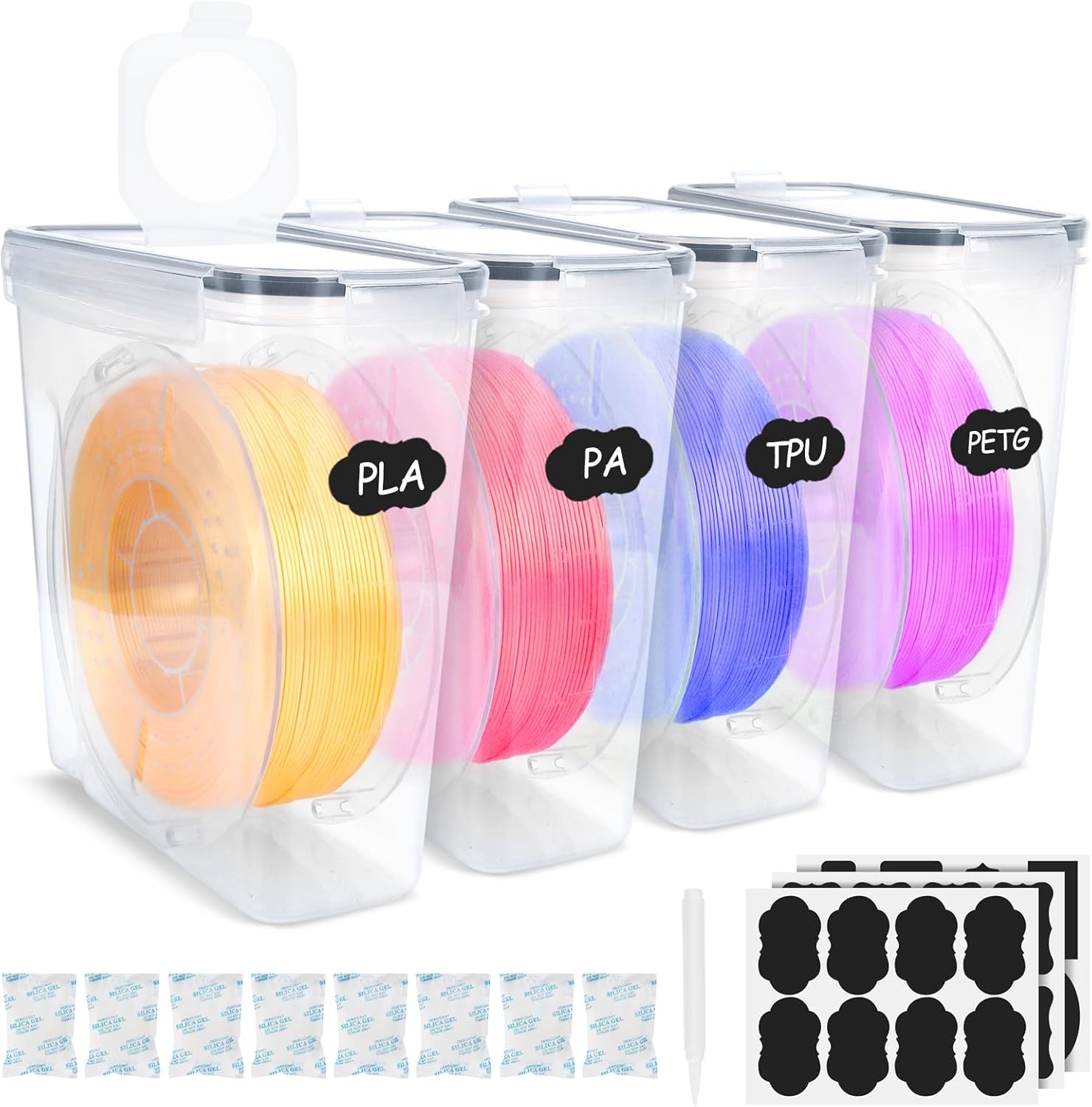 Filament Storage Box Kit- 6 Pack Filament Container for 3D Printing Filaments Sealing and Protection, Portable Filament Storage with Desiccant & Reusable Label, Waterproof and Dustproof 4.0L