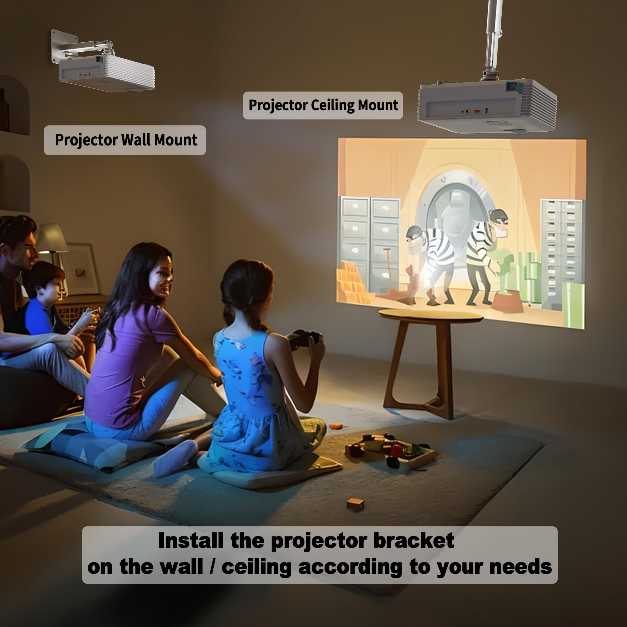 Soporte de pared para proyector con diseño de múltiples agujeros, soporte de techo universal ajustable para cine en casa, oficina, aula, carga de 55 libras, color plateado 2