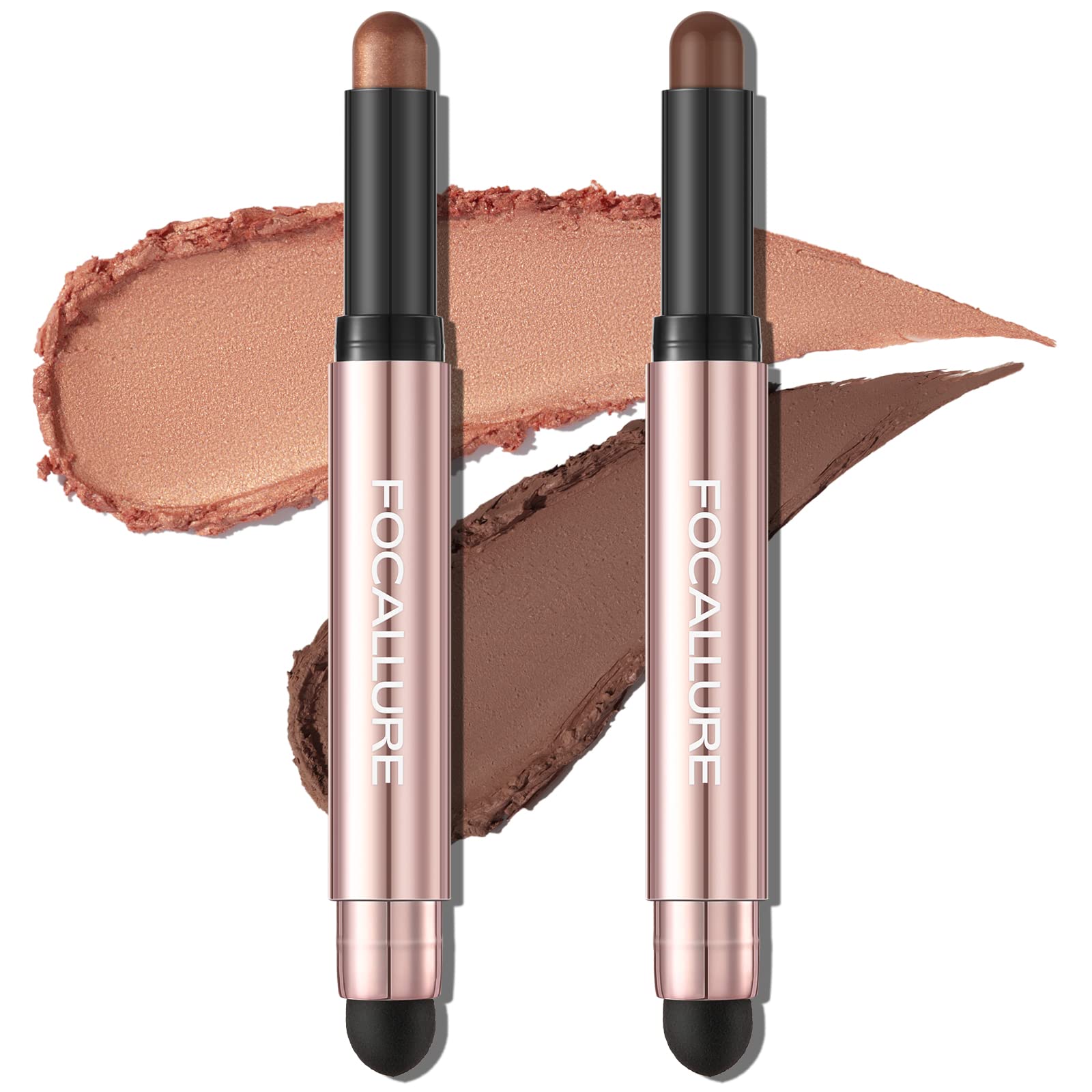 FOCALLURE 2PCS No Crease Eyeshadow Stick,Shimmer and Matte Cream Eyeshadow Pencil Crayon,Long Lasting Waterproof Eye Brightener Stick With Blending