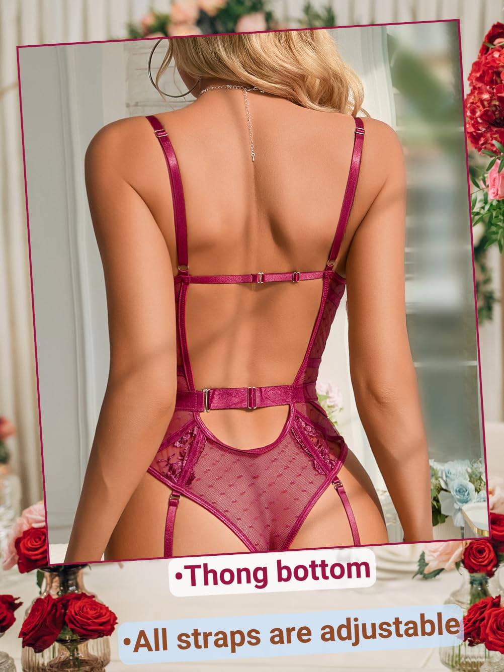 Kaei&Shi Floral Embroidered, Underwire, Removable Garter, Thigh Straps, Backless Bodysuit: Burgundy 2-4