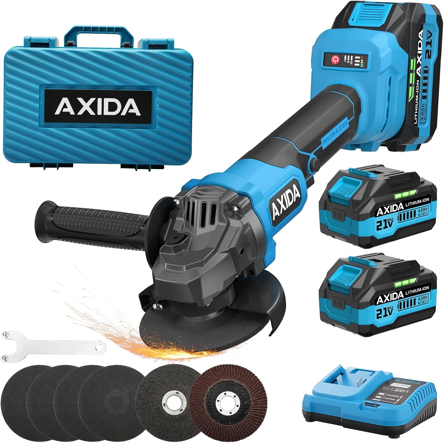 Cordless Angle Grinder 4-1/2 Inch, 21V Battery Grinder with 2X 4.0Ah Batteries, Brushless Battery Grinders 11000 RPM, Adjustable 3-speed for Metal Cutting, Grinding, Polishing, Rust Removal