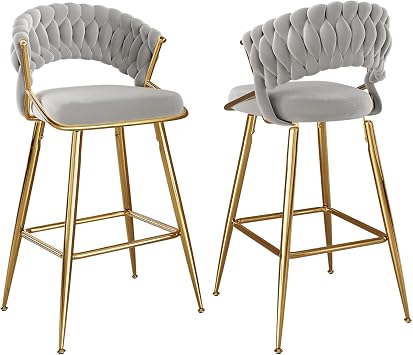 Modern Bar Stools Set of 2 Counter Height Stool 25" Kitchen Island Stool with Curved Backrest Corduroy Upholstered Coffee Bar Chairs with Footrest Sturdy Golden Metal Frame, Gray
