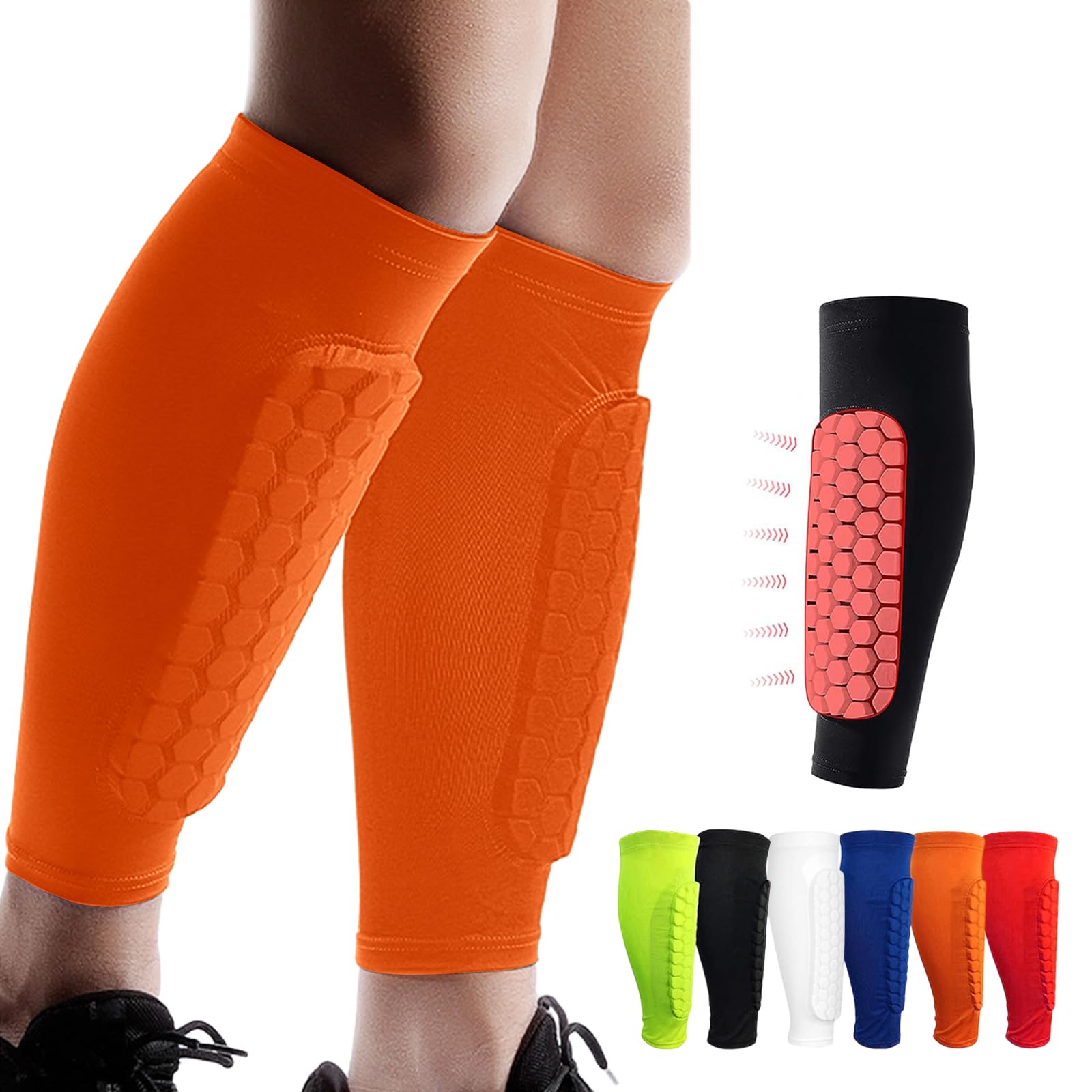 Shindefender Shin Guards Pads, Honeycomb Compression Sleeve Football Shin Guards for Boys, Teenagers and Adults, Soccer Defender Pads with Superior Impact Absorption, Lightweight (Orange, XS) — image 1
