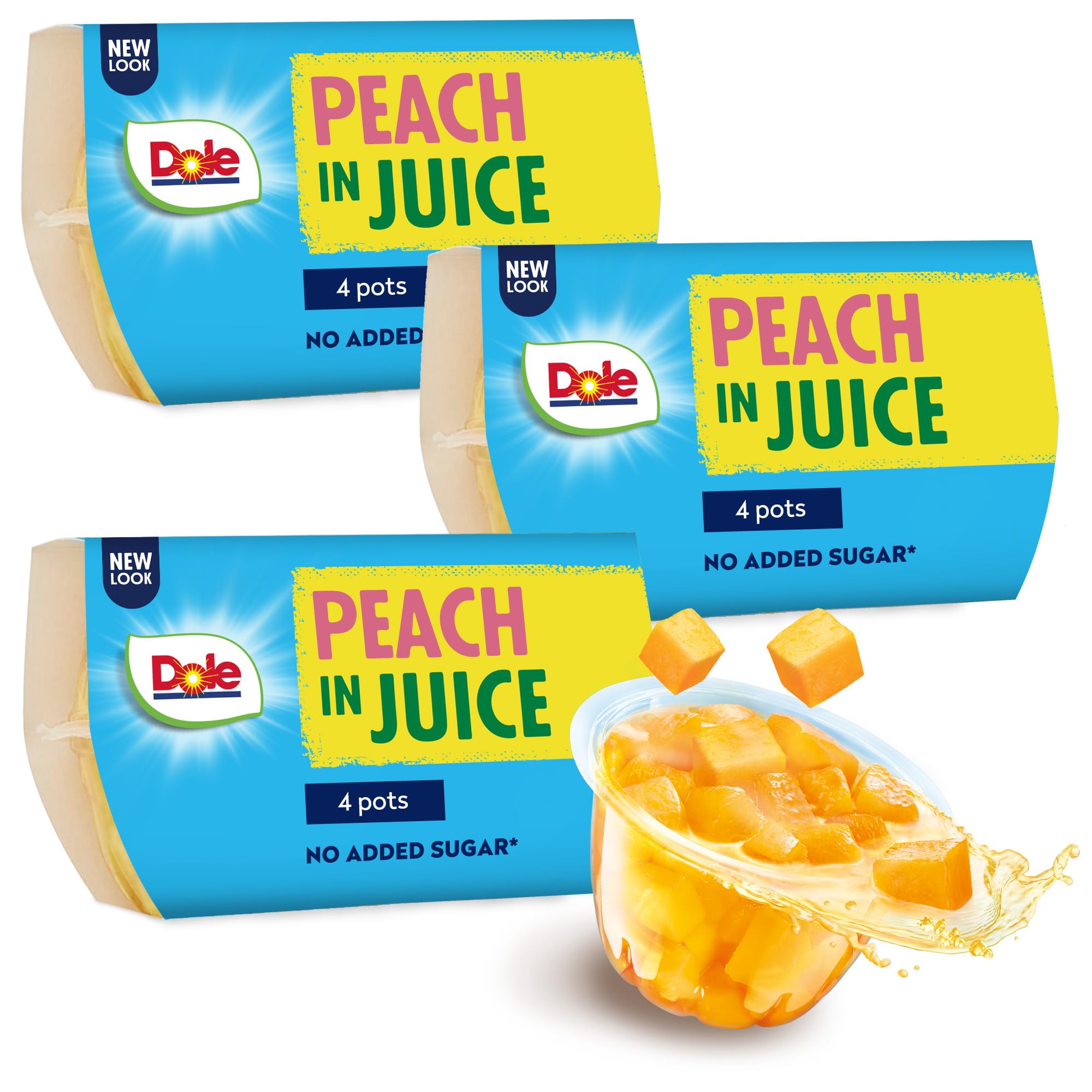 Dole Peach In Juice 3 x 4 Packs, Healthy Snack Made with Fresh Fruit, No Added Sugar Fruit Bowls, Perfect for Breakfast & Dessert or Adding to Recipes