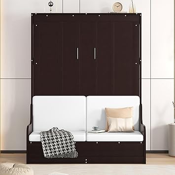 Queen Murphy Bed with Couch Folding Cabinet Bed with Loveseat, Wall Bed Against the Wall for Small Bedroom Guest Room, Espresso