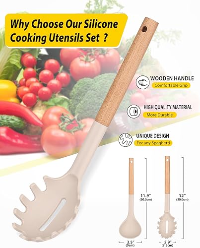 Miniatura 2 de Juego de tenedor y cucharón de silicona para pasta con mango de madera, utensilios de cocina antiadherentes resistentes al calor para cocinar,