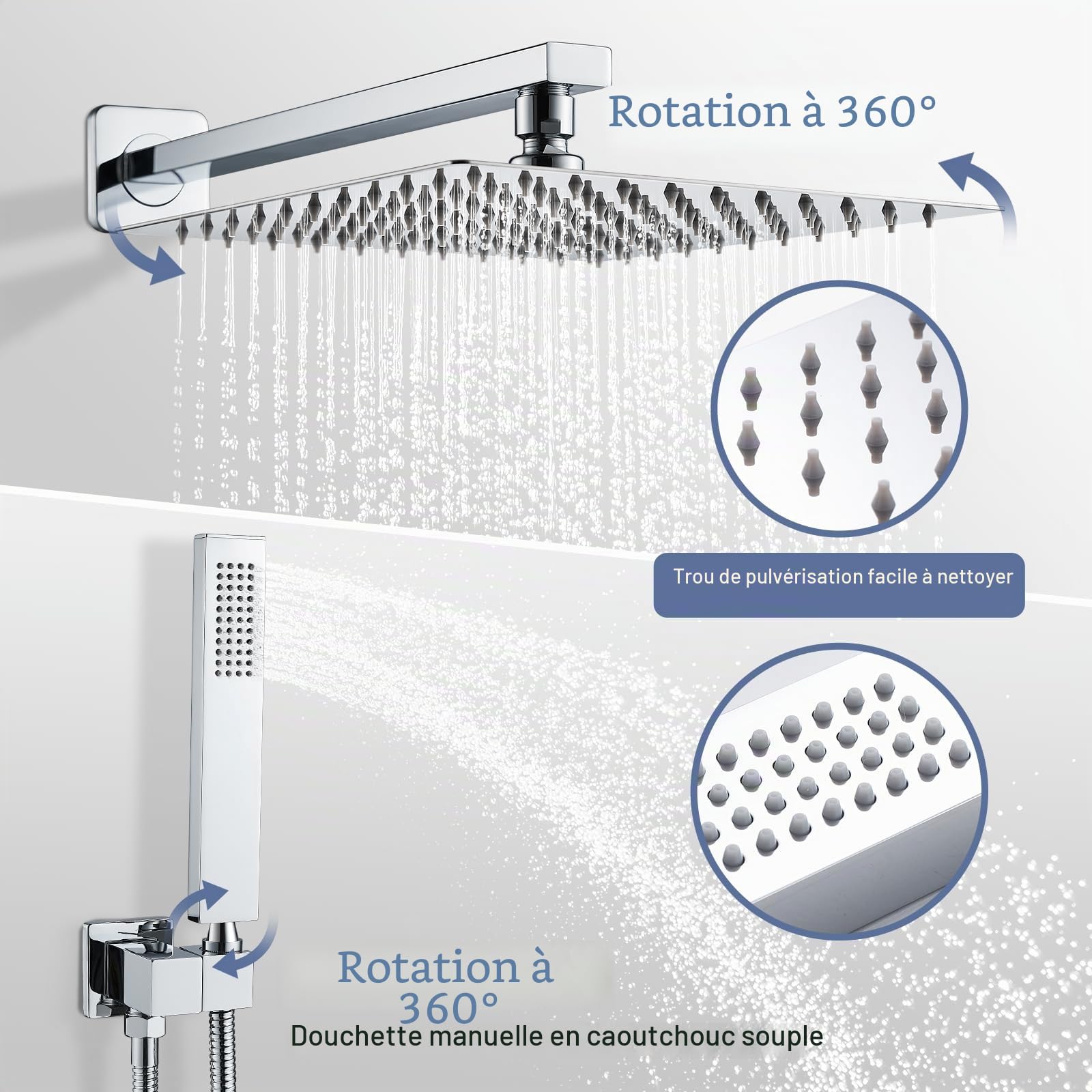Namuoto Système de Douche Encastré, Colonne de Douche avec Mitigeur Encastrable, Ensemble de Douche avec Carrée Douche de Tête, Douchette, Corps en Laiton, Chromé
