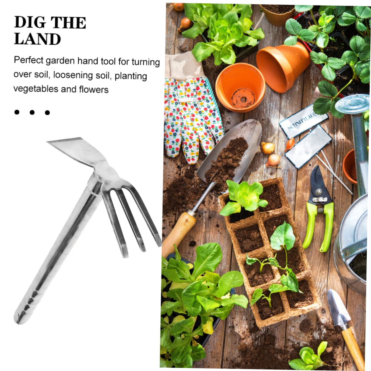 Kisangel Azada de Acero Inoxidable para Jardinería y Huerto, Herramienta de Mano para Remover Tierra y Aflojar el Suelo, Uso Doméstico