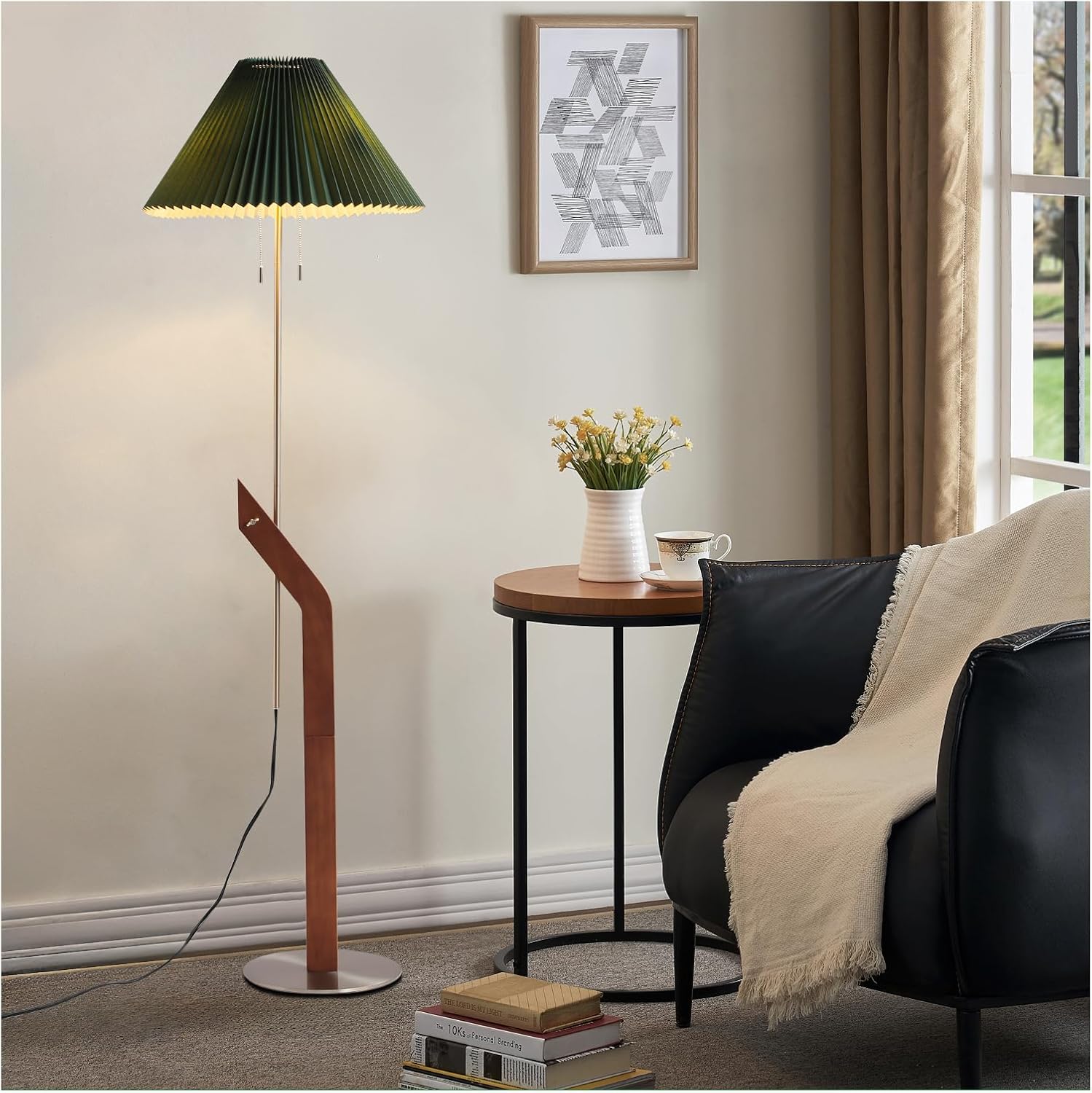Floor Lamps for Living Room,Mid Century Modern Wood Large Floor Lamp,Height Adjustable Study Room,Bedroom,Office Tall Standing Floor Lamp,Green Pleated Lampshade