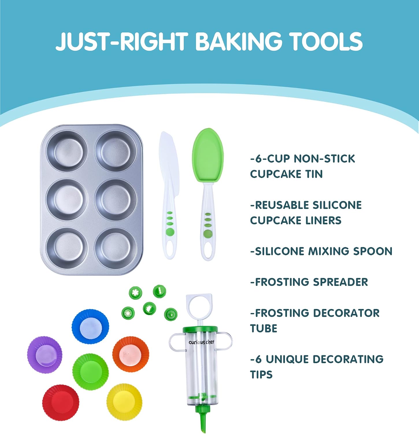 Curious Chef 16-Piece Cupcake & Decorating Kit for Kids, Dishwasher Safe & BPA-Free Plastic, Real Tools - Non-stick Tin, Liners, Silicone Mixing Spoon, Frosting Spreader, Decorator Tube & More