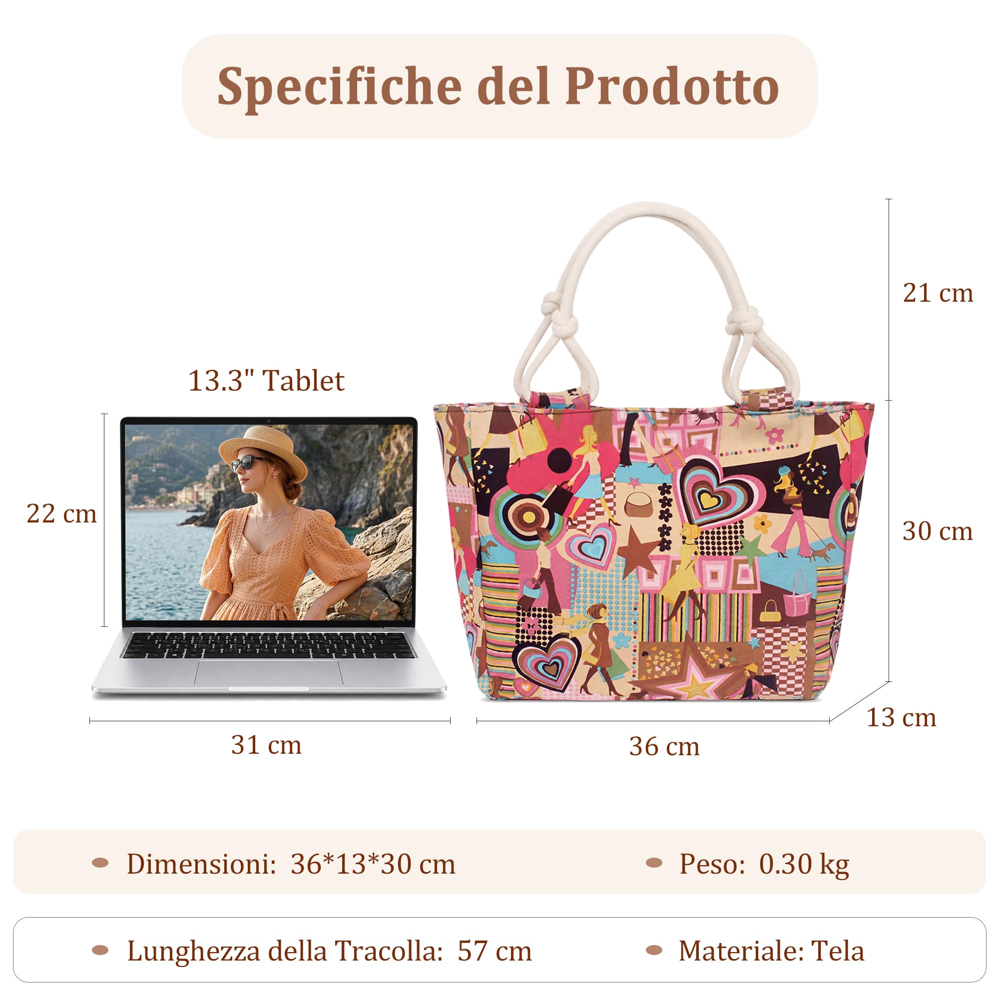 Borsa Donna Grande in Tela Shopper Grafica Collage Borsa a Spalla