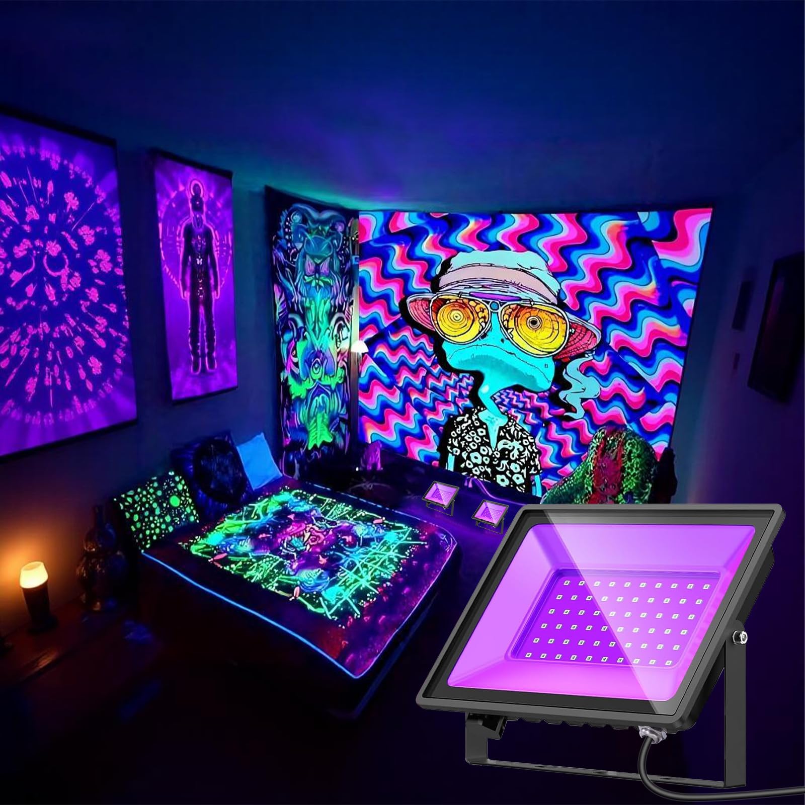 Glostars 60W 4Pack Proyectores UV: luz negra profesional 385-400 nm, impermeable IP66. Ideal para crear ambientes fluorescentes en interiores y exteriores (Halloween, Navidad, eventos).