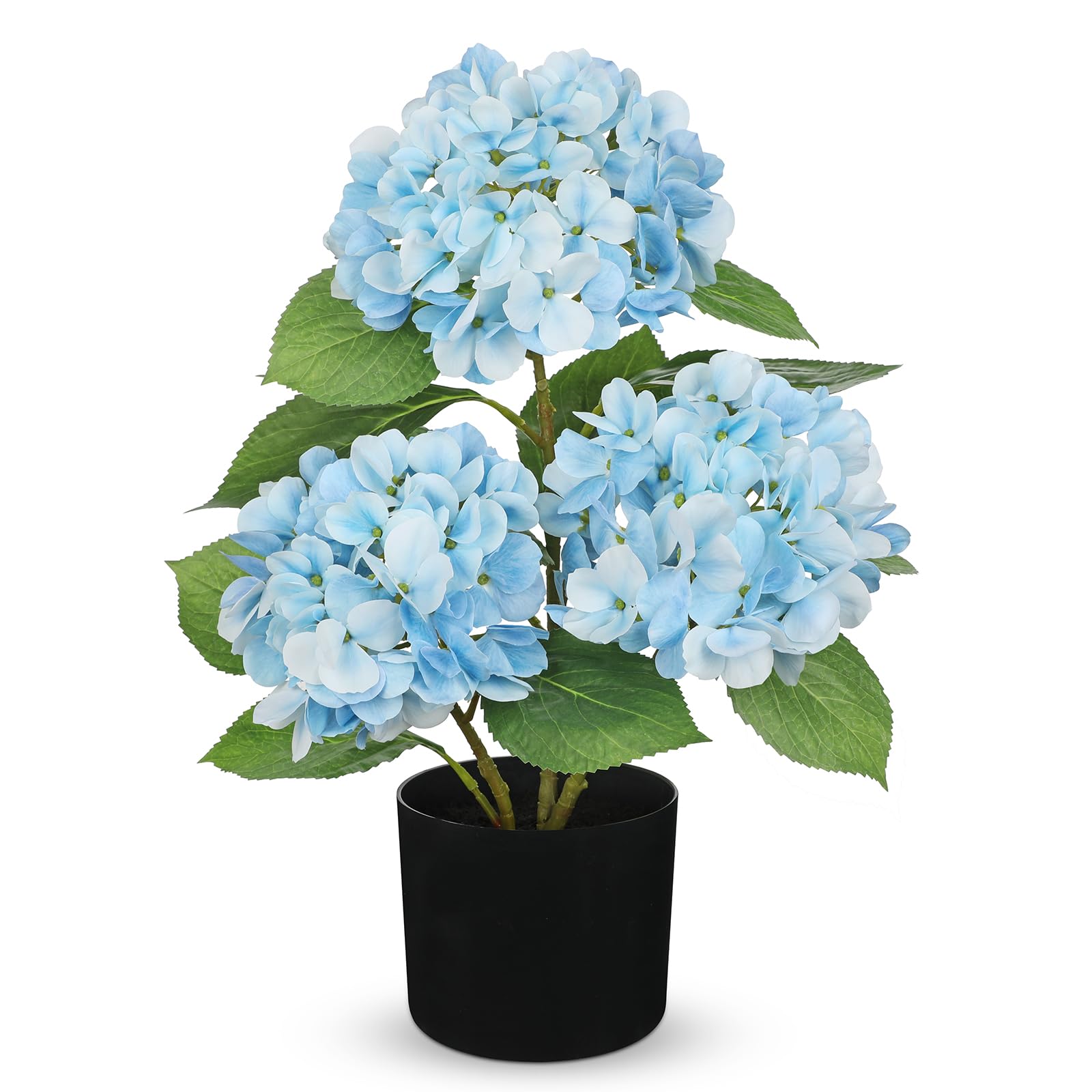 Hollyone 19" Hydrangea Artificial Flowers in Black Pot, 7.5" Large Fake Hydrangeas Blue Silk Flowers, Decorative Potted Flowers for Home Decor, Living Room, Tabletop, Kitchen Decorations