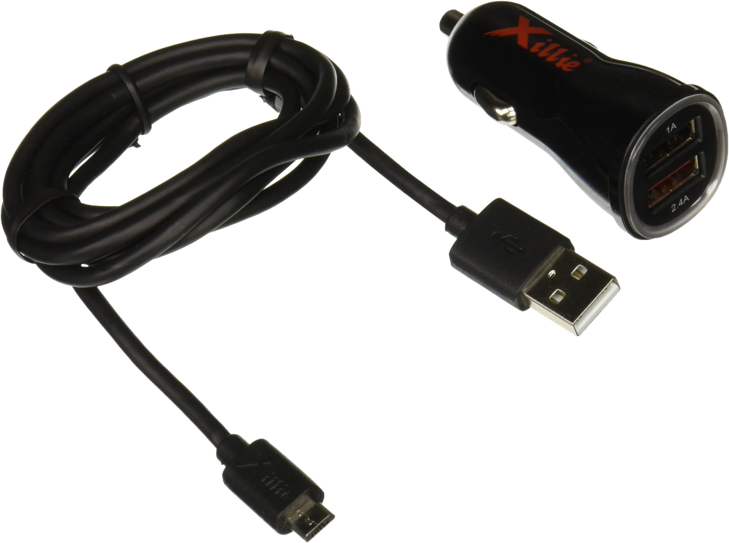 Xillie Smart CE FCC Certified Car Charger Pack with Micro USB Cable 4ft, Single Port 5V 2.4A 12W USB Car Charger Black Color (1x Car Charge, 1x Micro USB Cable)