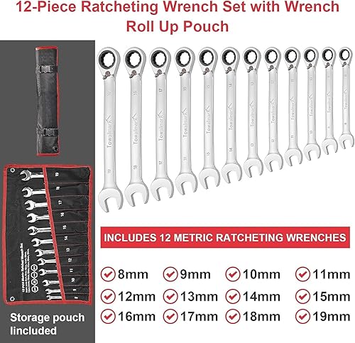 Miniatura 2 de Towallmark Juego de llaves de 12 piezas, combinación de trinquete reversible estándar métrico 0.315 in-0.748 in, acero CR-V, llave de extremo
