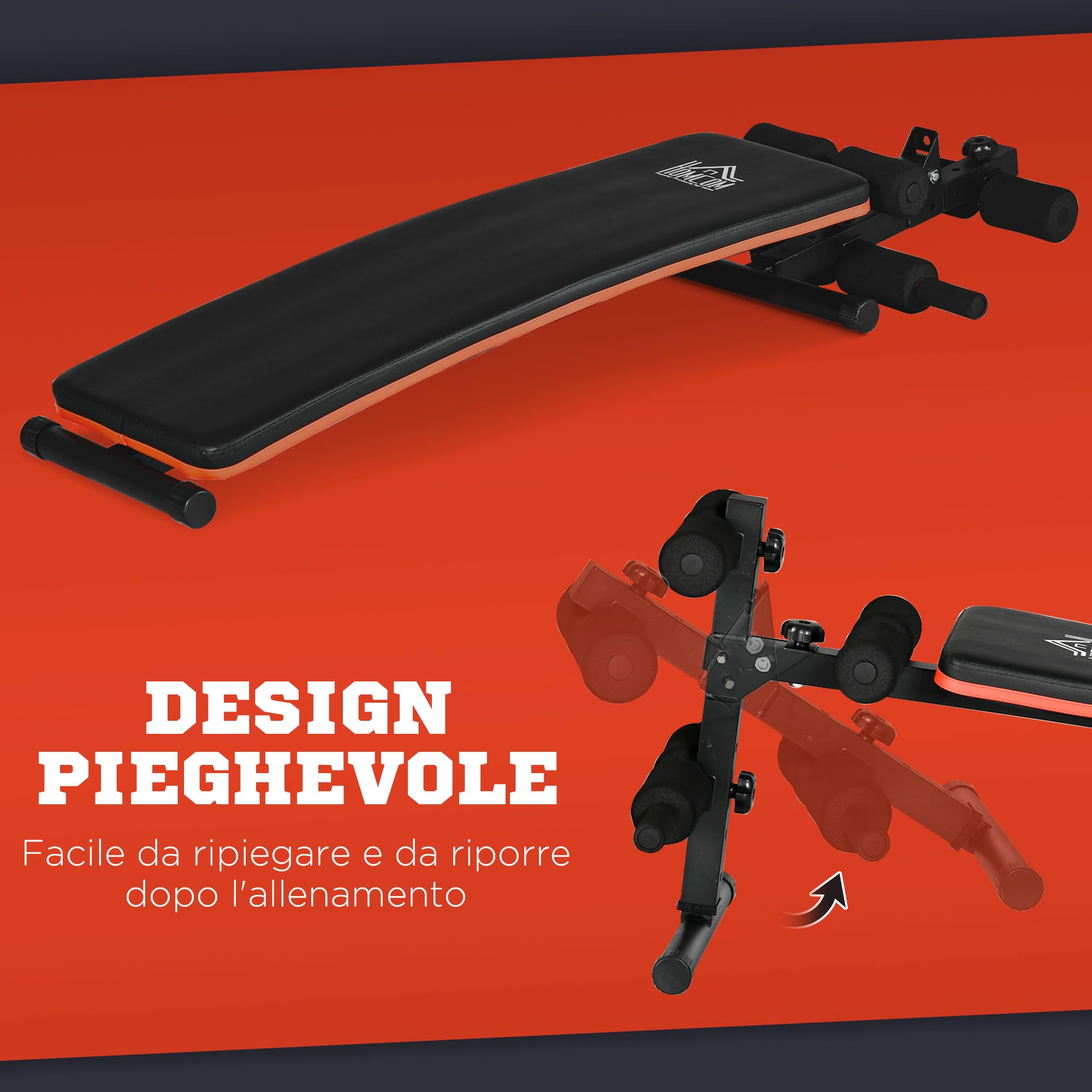 HOMCOM Panca per Addominali Pieghevole e Regolabile, Panca Pesi da Palestra Multifunzione con Schienale Imbottito, 47x139x51-69cm, Nero e Rosso