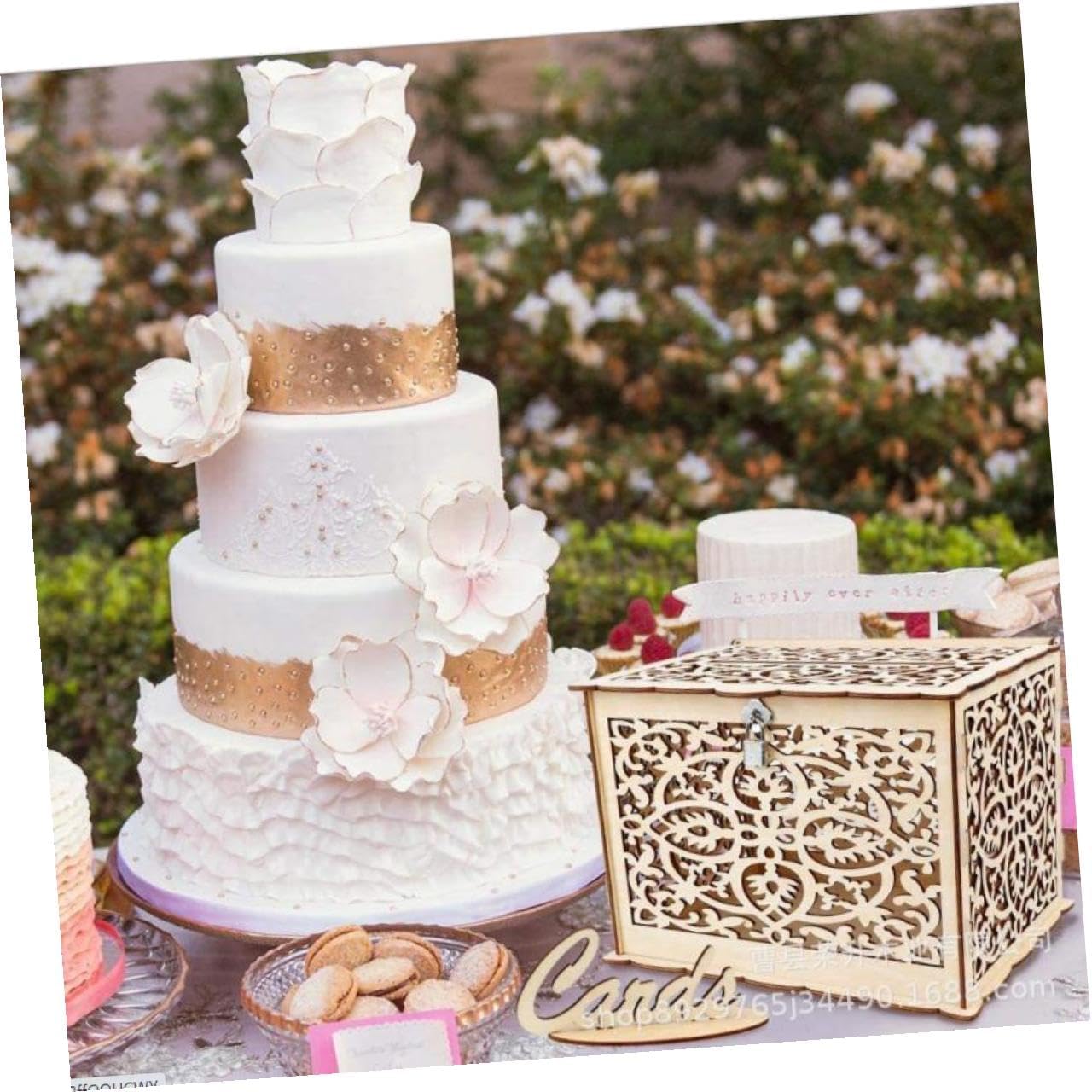 Wooden Wedding Card Box Large with Slot Decorative Hollow Design for Reception and Party Envelopes Money Storage