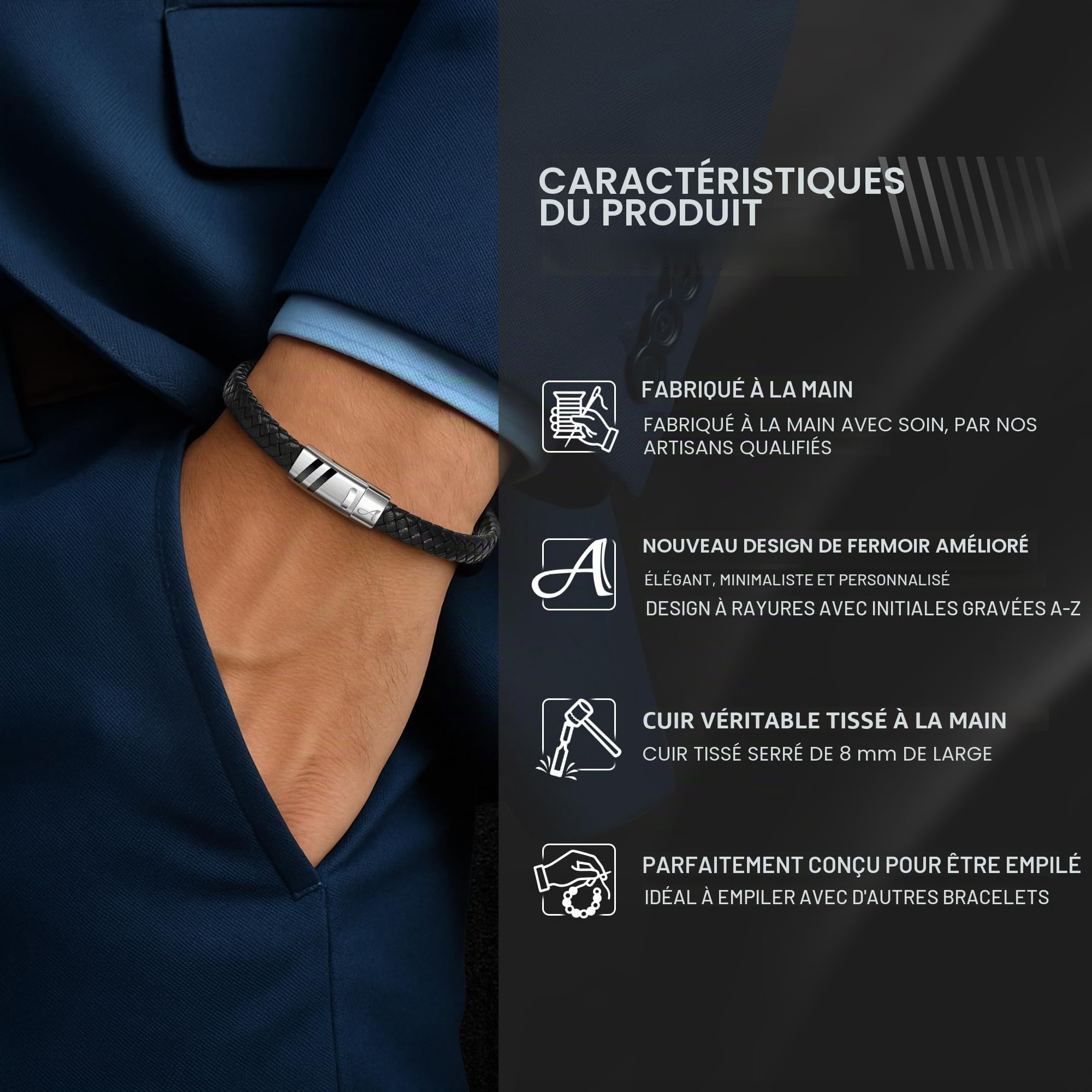 Bracelet Cuir Homme Gravé avec Initiales A-Z, Classique Tressé à la main Personnalisé Alphabet Bracelet avec Fermeture Magnétique Fête des Pères Cadeaux d'anniversaire pour Hommes